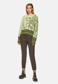 Helltgrüner gestrickter Pullover mit Leopardenmuster und dunkelgrünem Saum; kombiniert mit braunen schmal geschnittenen Hosen und grünlich schimmernden Stiefeletten.