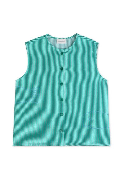 Green and white striped sleeveless shirt with front buttons, featuring a pocket with blue stitching detail. Soft fabric texture.