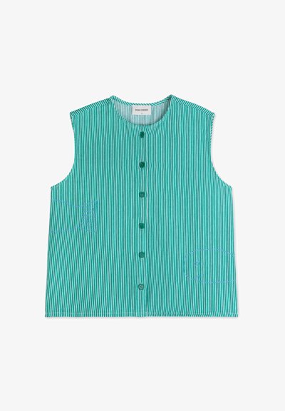 Green and white striped sleeveless shirt with front buttons, featuring a pocket with blue stitching detail. Soft fabric texture.