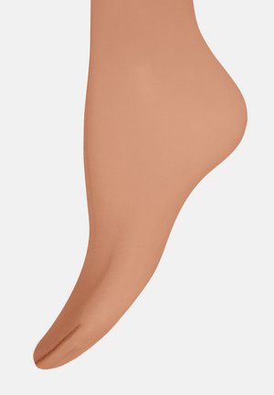 Collant nudi color tan chiaro, caratterizzati da una texture liscia e opaca, con un design senza cuciture e dettaglio della punta arrotondata.