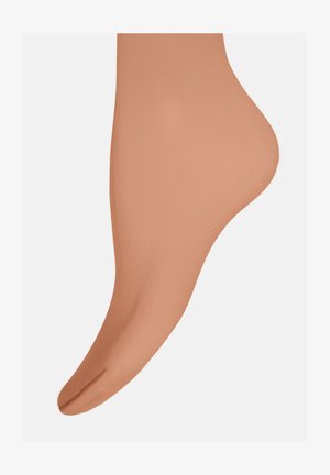 Collants pieds nus de couleur beige clair, présentant une texture lisse et mate avec un design sans coutures et un détail de orteil arrondi.