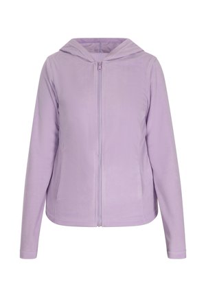 Lilla fleece hættejakke med frontlynlås, lange ærmer, sidelommer og glat tekstur.
