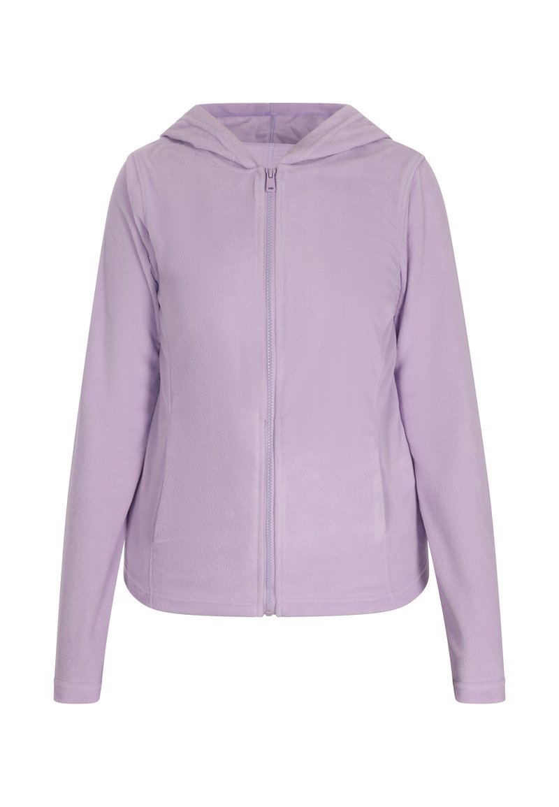 Giacca con cappuccio in fleece viola, con zip frontale, maniche lunghe, tasche laterali e texture liscia.