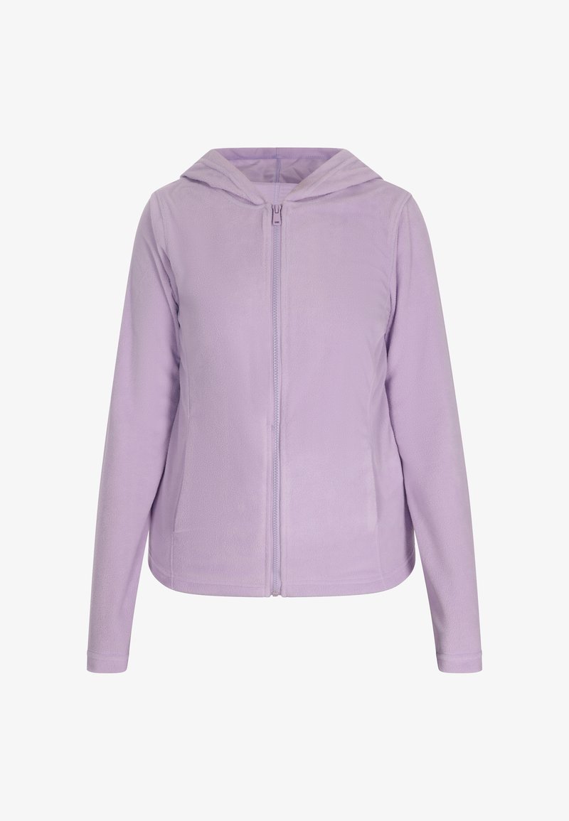 Giacca con cappuccio in fleece viola, con zip frontale, maniche lunghe, tasche laterali e texture liscia.