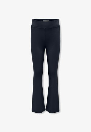 Leggings flare azul marinho feitos de tecido elástico. Apresentam uma cintura alta e um design sem costuras, adequados para uso casual ou ativo.