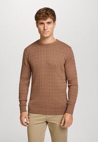 Brun strikket genser med et teksturert kabelmønster, lange ermer og rund hals. Stoffet virker mykt og varmt.