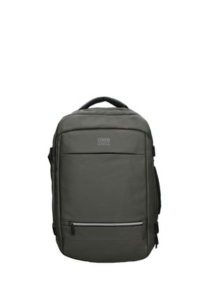 Zaino rettangolare grigio scuro con maniglia superiore, tasca frontale con zip e logo "COVERI active" nella parte superiore.