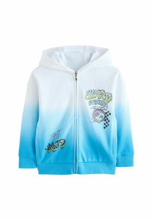 Felpa con cappuccio e zip in blu sfumato, caratterizzata da stampe grafiche in verde e viola. Realizzata in materiale morbido con orlo e polsini a coste.