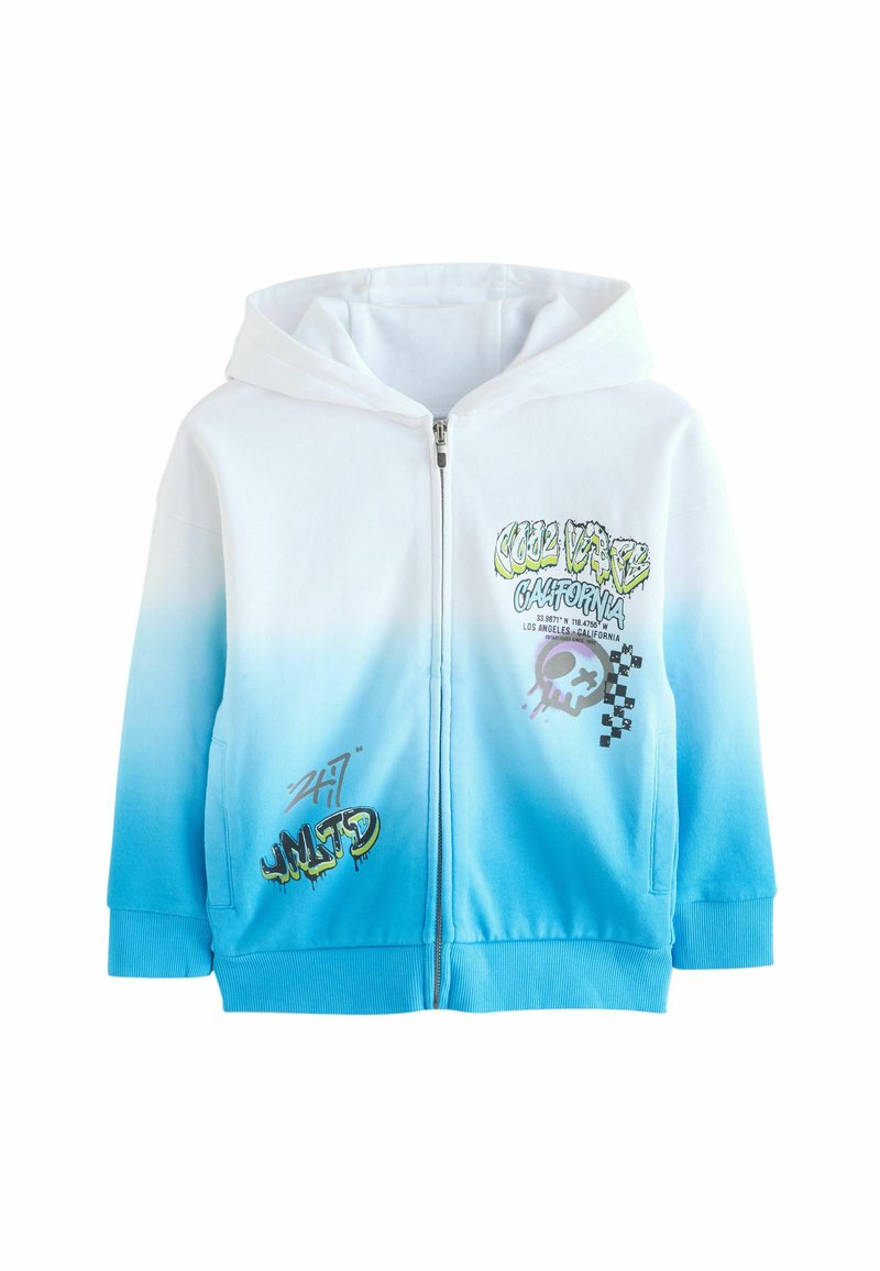 Sweat-shirt à capuche zippé en dégradé de bleu, orné d'impressions graphiques en vert et violet. Fabriqué dans un matériau doux avec un ourlet et des manches côtelés.