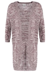 Cardigan lungo aperto in maglia a fango bordeaux e bianca con maniche a tre quarti e tasche frontali.