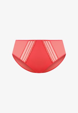 Bikini rouge taille haute avec panneaux en mesh transparent et garniture décorative, comprenant des accents à pois et un tissu lisse pour le confort.