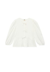 Haut à manches longues blanc en tissu texturé. Il présente un col rond, une fermeture à boutons avec des détails en nœud, et un ourlet peplum.