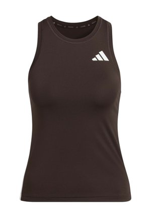 Camiseta deportiva negra sin mangas con el logo de Adidas en la parte superior izquierda del pecho, diseñada para entrenamientos y actividades de fitness.