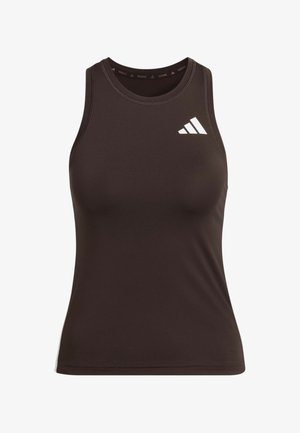 Camiseta deportiva negra sin mangas con el logo de Adidas en la parte superior izquierda del pecho, diseñada para entrenamientos y actividades de fitness.