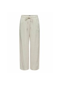 Pantalon beige clair en mélange de lin, coupe décontractée, avec une taille à cordon ajustable et des jambes larges. Texture lisse avec des variations subtiles.