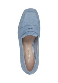 Ljusblå mocka lågskor med fyrkantig tå, med en dekorativ ovandel och en slät inredning. Storlek 37.