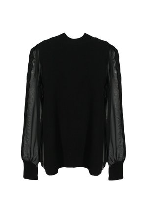Maglione nero con un corpo a maglia solida e maniche in rete trasparente e leggera, caratterizzate da una sottile trama ondulata. Girocollo e polsini a costine.
