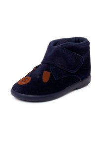 Stivale in velluto blu navy con dettagli in suede marrone e design a forma di faccia d'orso. Presenta una fascia in velcro, punta arrotondata e una morbida fodera interna.