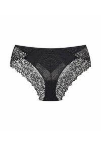 Schwarze Spitzenunterwäsche mit floralem Muster, mit einem durchsichtigen Rücken und gewellten Kanten. Weiche Fütterung kontrastiert mit filigranen Spitzen-Details.