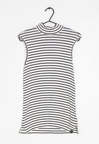 Raidallinen hihaton toppi, kerma valkoisella ja tummansinisellä pystysuoralla raidalla, korkea pystykaulus, pehmeä kangas, sivureiät, kiinnitetty mustalle henkarille.