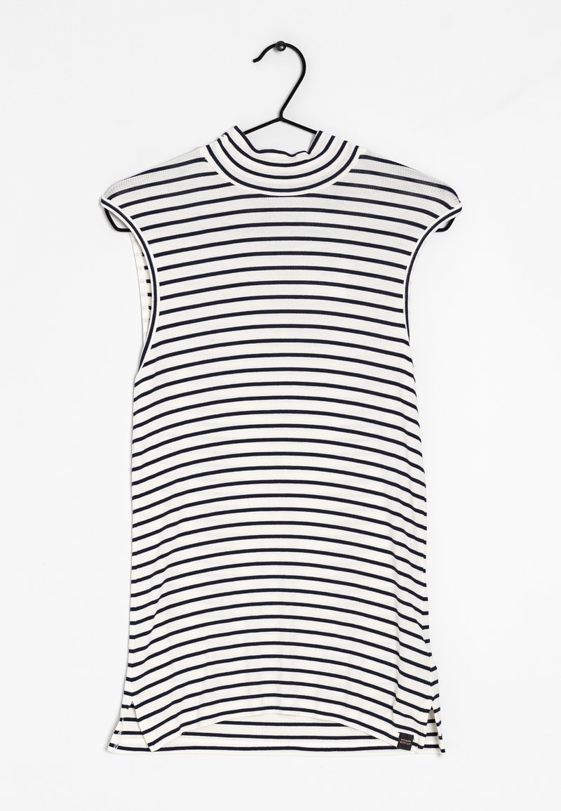 Raidallinen hihaton toppi, kerma valkoisella ja tummansinisellä pystysuoralla raidalla, korkea pystykaulus, pehmeä kangas, sivureiät, kiinnitetty mustalle henkarille.