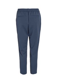 Pantalon bleu marine à coupe décontractée, taille élastique, et deux poches arrière. Le tissu a une texture lisse et un design à jambes fuselées.