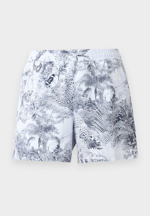 Patterned swim shorts with a light blue background, featuring dark blue foliage and animal prints, elastic waistband, and logo detail.