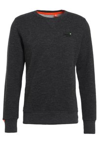 Dark gray sweatshirt with long sleeves, crew neck, and ribbed cuffs; features orange accent on the inner collar and small logo on the chest.