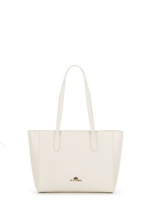 Bolso tote de cuero beige con una textura suave, dos asas largas y un logo sutil dorado en el centro. Forma rectangular.
