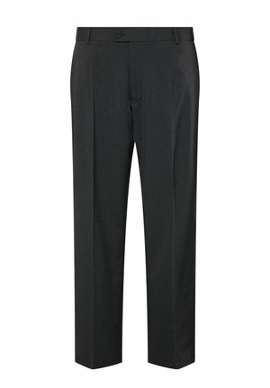 Mørkegrå formelle bukser med knaplukket talje, bæltestropper og frontfolder, vist mod en hvid baggrund.
