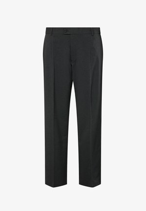 Tmavě šedé formální kalhoty s knoflíkovým pasem, poutky na opasek a předními záhyby, zobrazené na bílém pozadí.