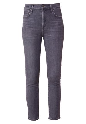 Tummanharmaat slim fit -farkut, joissa edessä nappi- ja vetoketjullinen suljenta, viisi taskua ja hillitty haalistuma reisissä ja polvissa.