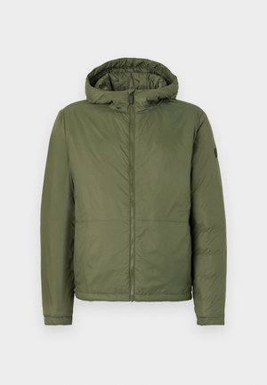 Olive roheline kapuutsiga jakk, millel on esi tõmblukk, valmistatud siledast materjalist, pikad varrukad ja mugav lõige.