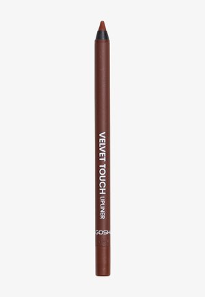 Brązowy ołówek do ust z matowym wykończeniem. Posiada stożkowy koniec i plastikową obudowę. Etykieta z białym tekstem głosi "VELVET TOUCH LIPLINER".