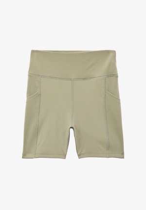 Pantalones cortos atléticos de color verde claro con una cinturilla alta, dos bolsillos laterales, textura suave y detalles de costura en contraste.