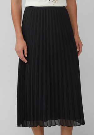 Black pleated midi skirt made of lightweight fabric, showcasing vertical pleats, an elastic waistband, and a sheer hemline.
