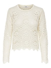 Krämfärgad stickad tröja med ett delikat öppet spetsmönster. Långa ärmar och en vågformad nederkant ger textur och detalj.