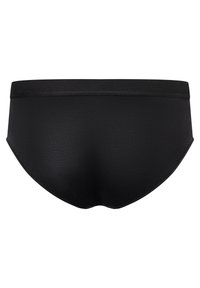 Schwarze Schwimmshorts mit glatter Textur, breitem Bund und konturiertem Schnitt. Einheitliche Farbe mit minimalen Designdetails.