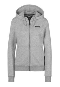 Felpa grigia con zip realizzata in un morbido misto cotone. Presenta un cappuccio, maniche lunghe, polsini a coste e un logo Puma nero sul davanti.