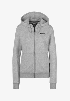 Grijze zip-up hoodie gemaakt van een zachte katoenmix. Heeft een capuchon, lange mouwen, geribde manchetten en een zwart Puma-logo op de voorkant.