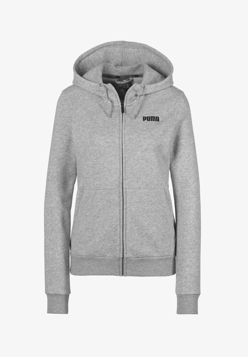 Felpa grigia con zip realizzata in un morbido misto cotone. Presenta un cappuccio, maniche lunghe, polsini a coste e un logo Puma nero sul davanti.
