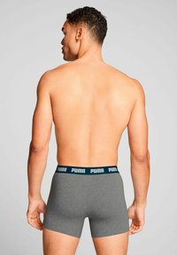 Gray boxer briefs with a snug fit, featuring a dark blue elastic waistband with white "PUMA" logo, shown from the back.