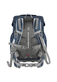 Zaino con un esterno blu navy caratterizzato da motivi a zigzag. Sistema di schienale ergonomico grigio e spallacci regolabili. Materiale e hardware durevoli.