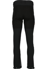 Pantalons en tissu extensible noirs au design ajusté, avec une taille, des poches latérales et des fermetures à pression à l'ourlet.