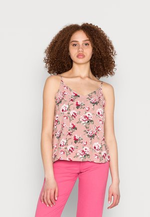 Top sem mangas com padrão floral em rosa suave, apresentando um decote em V e alças de espaguete ajustáveis. Tecido leve.