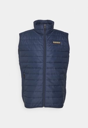 Navy blue puffer vest with a high collar, vertical quilted texture, front zipper, and side pockets. Features a branded logo patch.