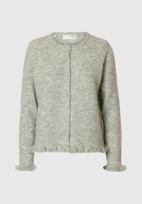 Jasnoszary sweter rozpinany z okrągłym dekoltem, zapięciem na guziki oraz falbankami na mankietach i dole.