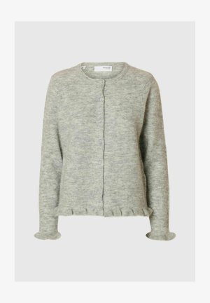 Helehallast kootud kardigan ümmarguse kaelusega, nööpkinnitusega ja volditud äärtega varruka- ning alumistel servadel.