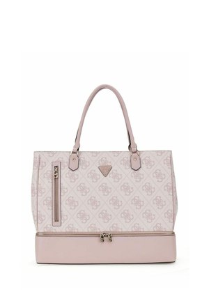 Sac cabas rose clair à motifs avec deux poignées, poche zippée verticale à l'avant et compartiment zippé à la base.