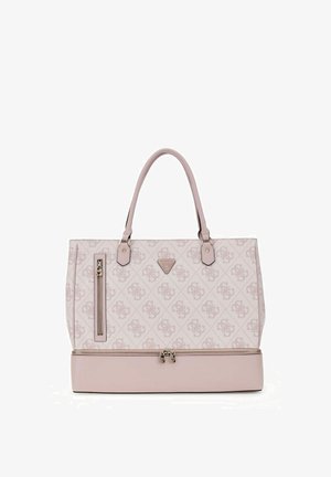 Sac cabas rose clair à motifs avec deux poignées, poche zippée verticale à l'avant et compartiment zippé à la base.